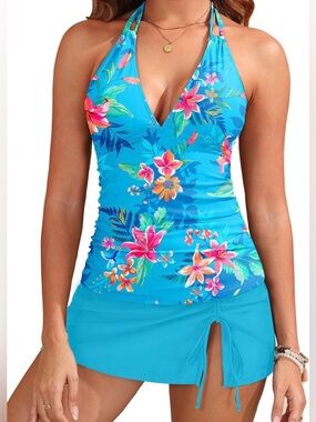 Yonique Women’s L Turquoise Floral Halter Tankini & Swim Skirt Tummy Control New